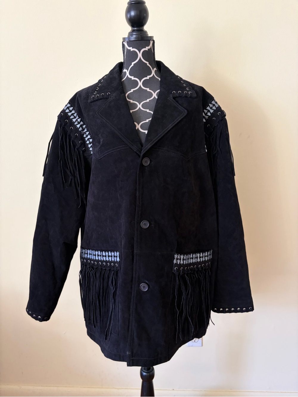 Men's Black Suede Fringe Coat with Patterned Trim
